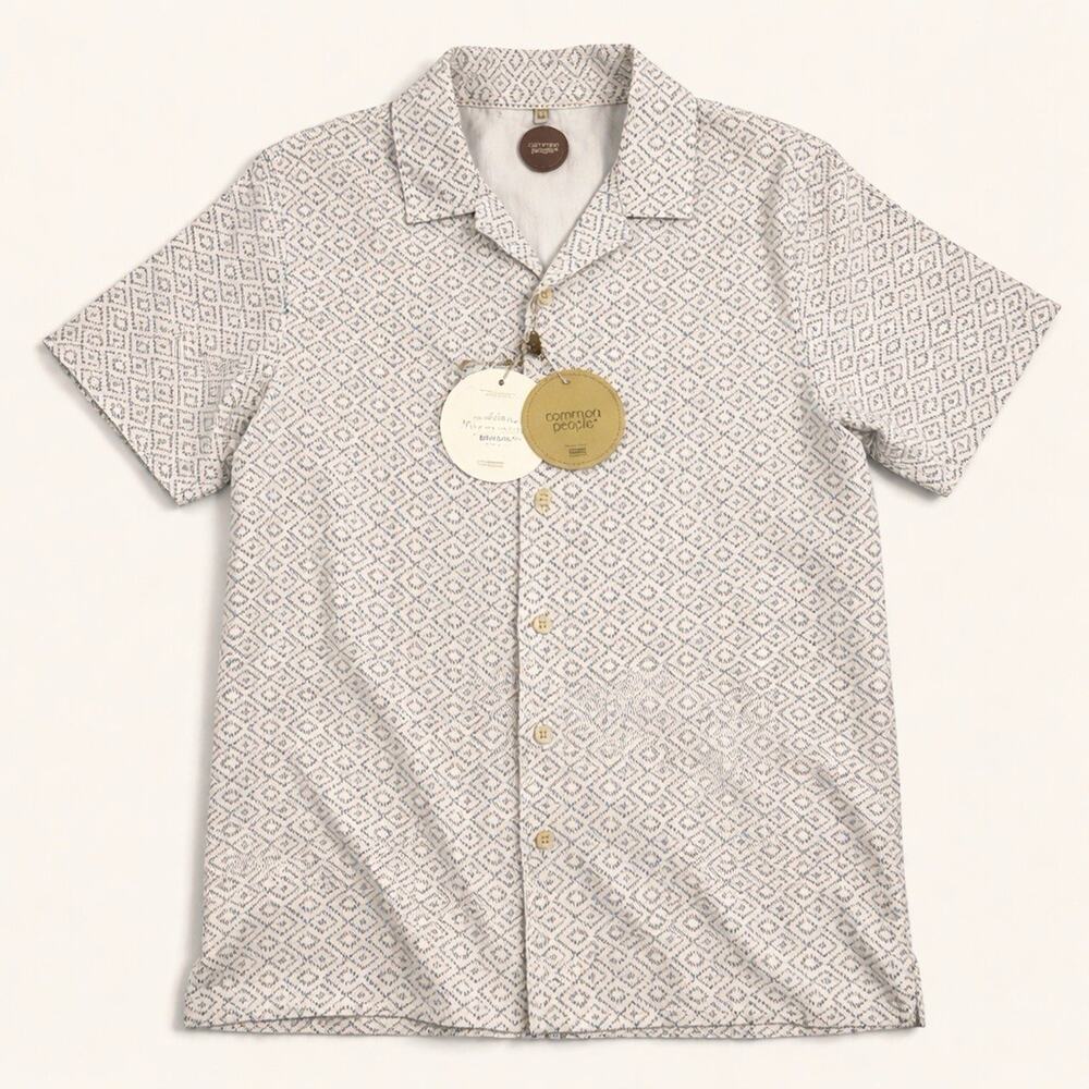 Common People Linen Blend Shirt Mens M Textured Geo Print Casual Beach Summer
